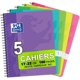 OXFORD Lot de 10 Carnets Essentials 11x17cm Petits Carreaux 180 Pages  Reliure Spirale Couverture Carte Coloris Assortis