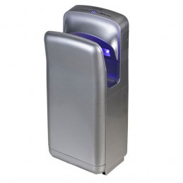 Sèche-mains à air pulsé couleur gris métallique.