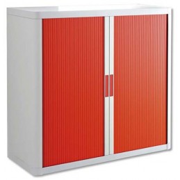 Armoire de bureau à rideau structure blanche et portes en rouge